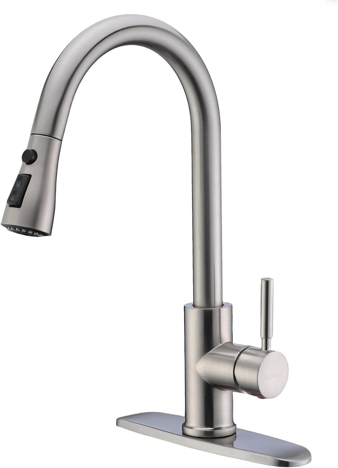 WEWE Single Handle High Arc Brushed Nickel Pull Out Kitchen Faucet,Single Level Stainless Steel Kitchen Sink Faucets with Pull Down Sprayer,Suitable for Laundry Rv Bar.