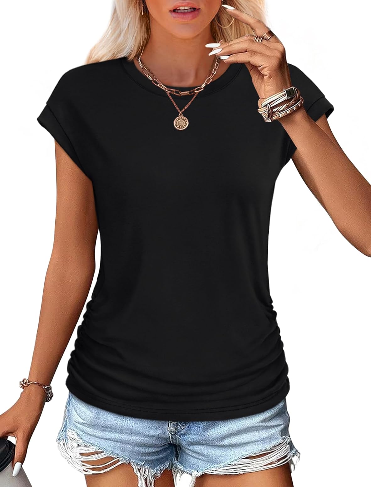 SAMPEEL Womens Summer Tops Trendy 2025 Ruched Cap Short Sleeve Tshirts Shirts Crew Neck T Shirts Fashion.