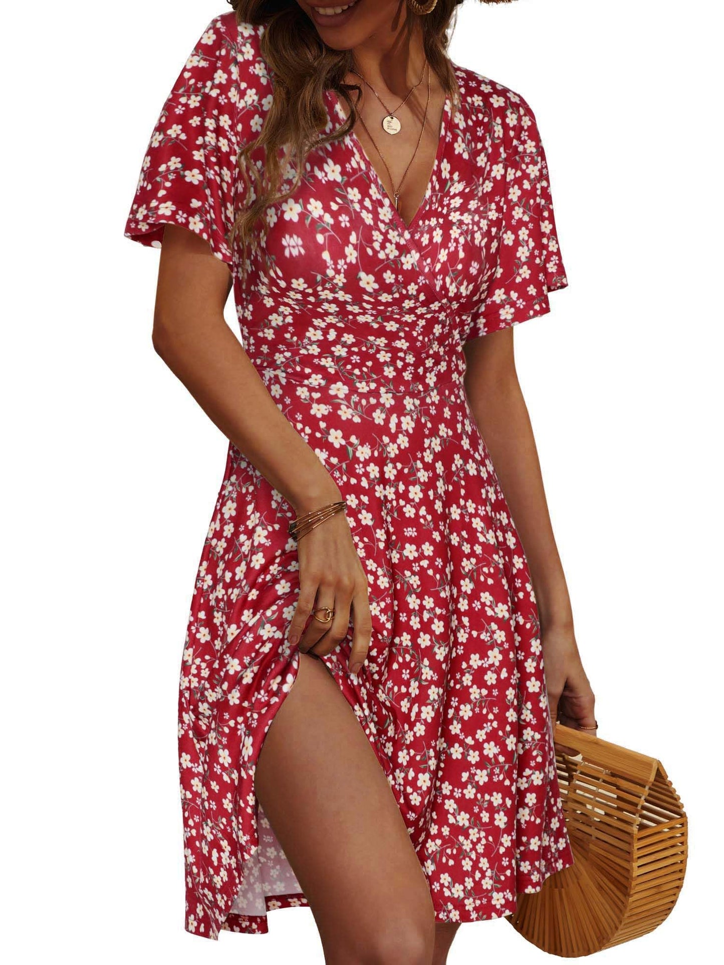 FENSACE Sundress Short Sleeve Floral Wrap Midi Dress.