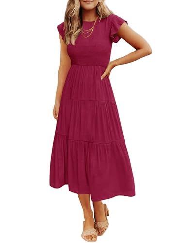 Women's Tiered Summer Midi Smock Dress with Elastic Waist Detail.