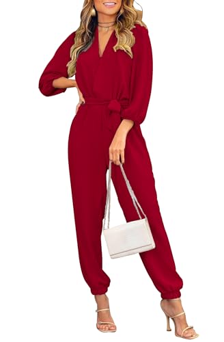 Elegant Long-Sleeve Jumpsuit with Flattering Belt and Pockets Details Inside.