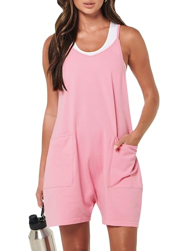 Women's sleeveless romper jumpsuit with spaghetti straps and pockets details.