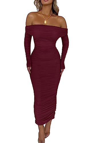 Pictured is a fall maxi dress with ruched, off-shoulder design.