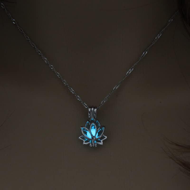 Luminous Lotus Pendant Necklace for Women - Cyan Hollow Flower Locket Clavicle Jewelry Gift