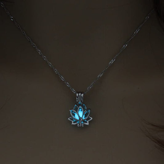 Luminous Lotus Pendant Necklace for Women - Cyan Hollow Flower Locket Clavicle Jewelry Gift