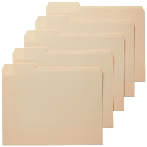 Assorted-position file folders, letter size, manila, 100-count, Amazon Basics pack.