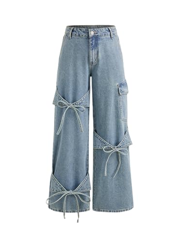 Low Waisted Wide Leg Bow Detail Jeans for Women