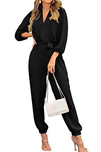 Fall Jumpsuit Romper Outfit V-Neck Long Sleeve Long Pants Dress.