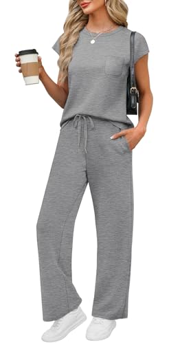 WIHOLL 2 Piece Sets for Women Casual Summer Travel Vacation Outfits Cap Sleeve Lounge Set.