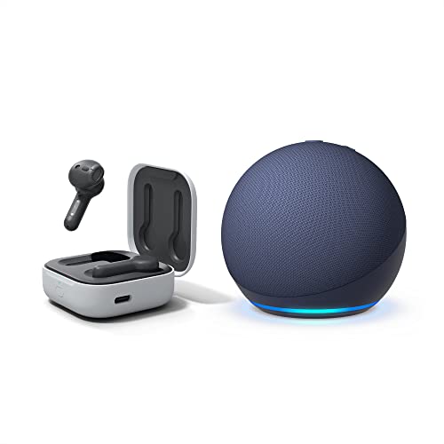 Apple Echo Dot smart speaker with blue hue and buds bundle.