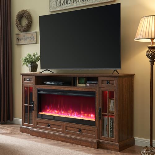Farmhouse Fireplace TV Stand for 80 Inch TVs with LED Lights
