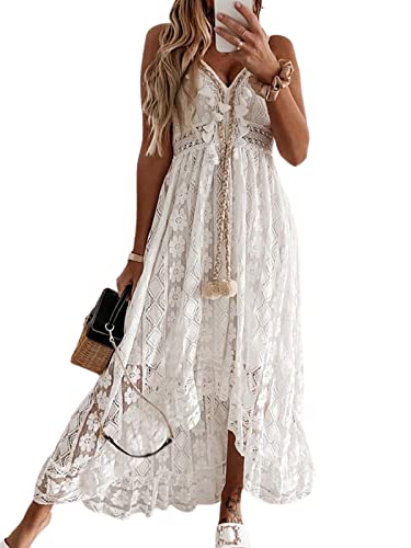 CUPSHE Women's Summer Dresses Sleeveless Lace Casual Tassel Beach Spaghetti Straps Flowy Maxi Sun ...