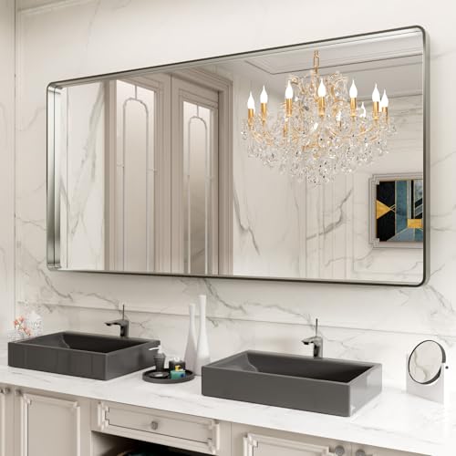 Large brushed nickel bathroom mirror with anti-rust silver metal frame.