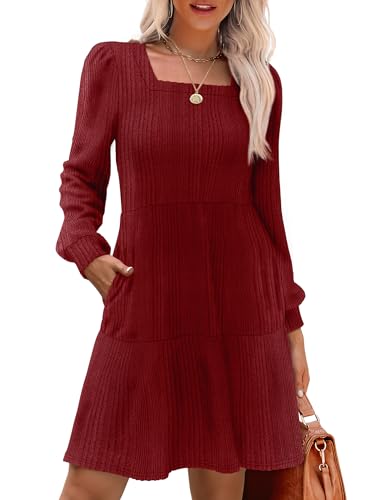 Comfortable Square Neck Long Sleeve Casual Fall Babydoll Sweater Dress.