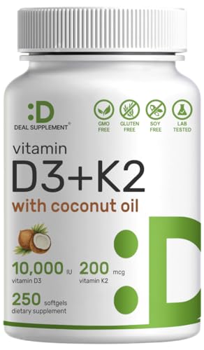 Vitamin D3 and K2 supplement in coconut oil softgels supplement capsules.