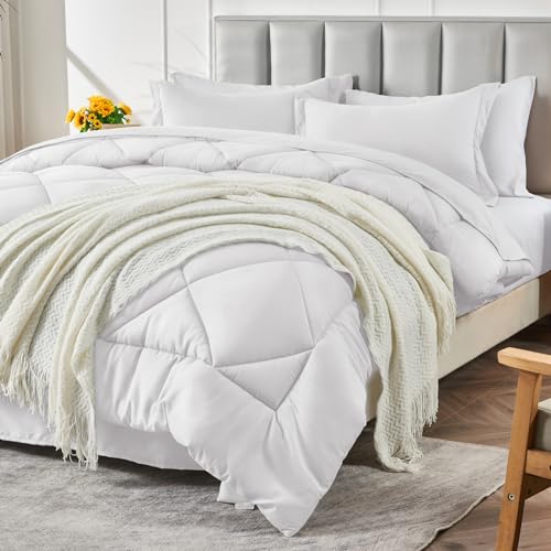 White CozyBedding Set with Comforter, Pillow Shams, and Accessories Bundle.