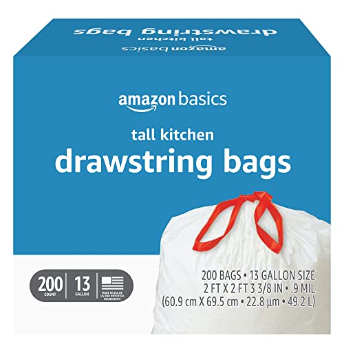 Amazon Basics Tall Kitchen Trash Bags, 13 Gallon, 200 Count.