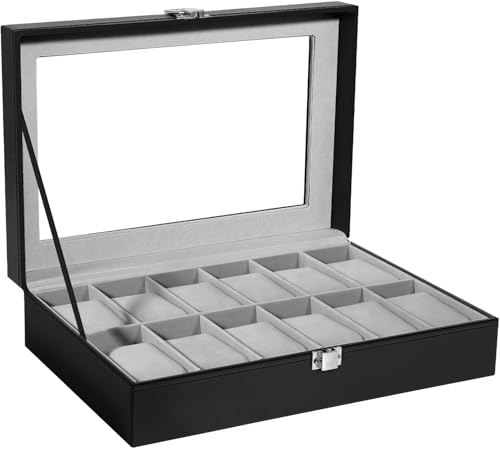 Uten Watch Box 12 Slot Leather Watch Organizer Case with Glass Lid