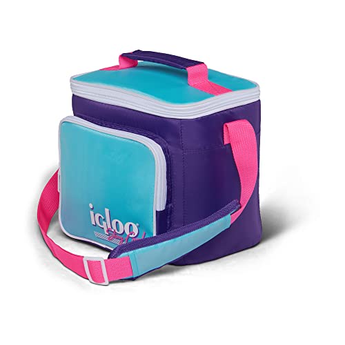 Retro-inspired insulated lunch bag with adjustable strap and pocket.