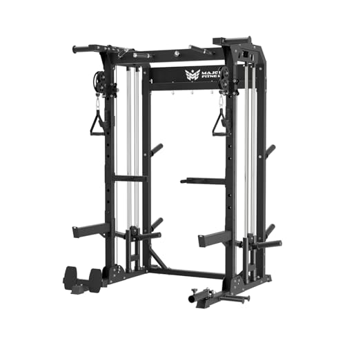 Home gym power rack for strength training and multiple exercises.