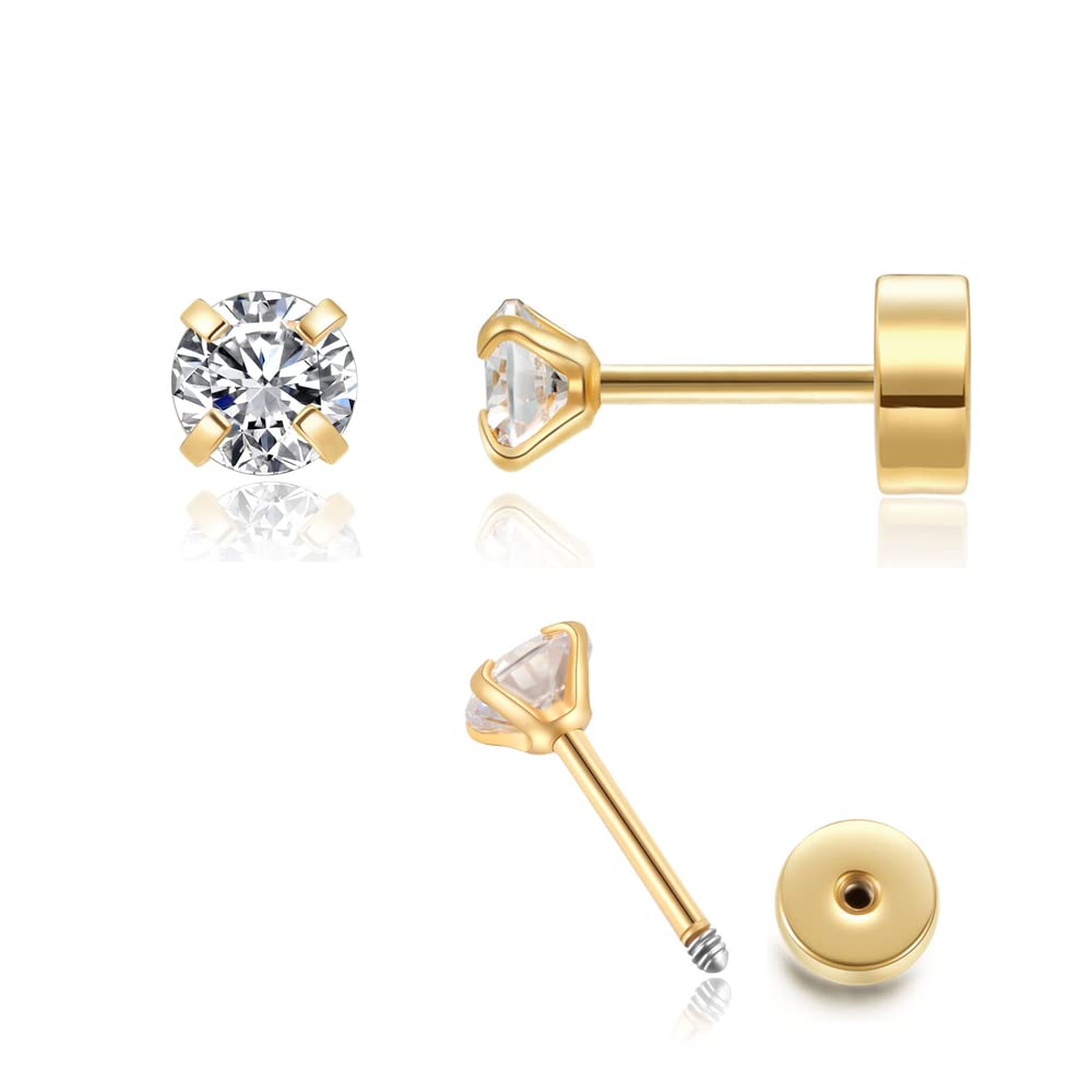 Stud earrings with cubic zirconia, 14k gold, for helix piercing.