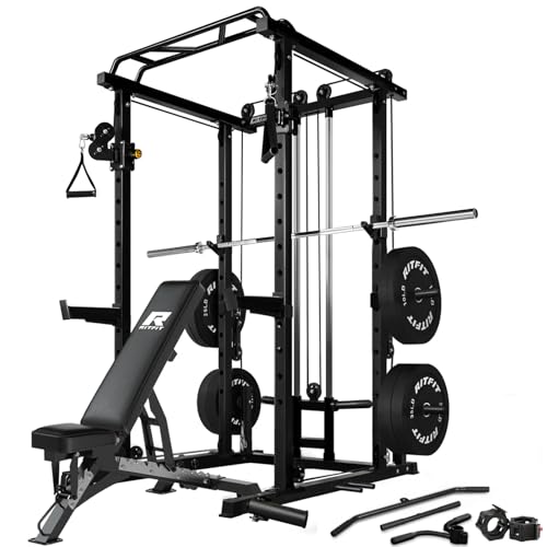 Heavy-duty power rack with cable system for strength training exercises.