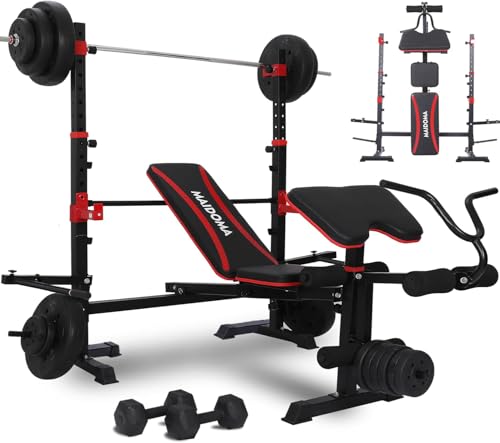 Powerful, adjustable weight bench set with multiple exercise attachments options.