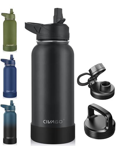 Stainless Steel Insulated Water Bottle with Multiple Use Lids and Handles.