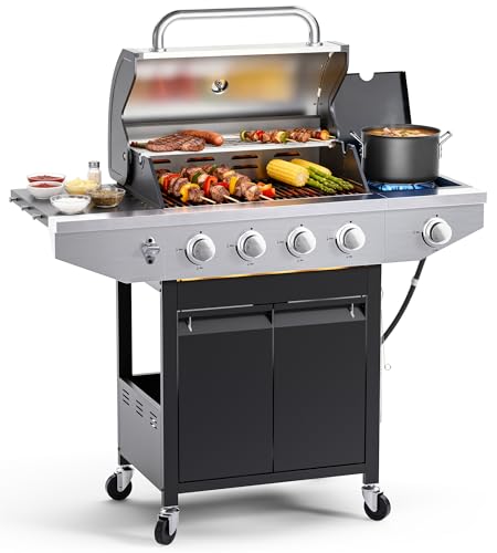 EUHOME 4-Burner Propane Gas BBQ Grill with Side Burner, 46,500 BTU Output Stainless Steel Barbecue...