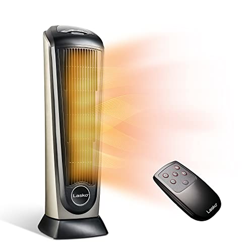 Oscillating space heater with thermostat, timer, remote control, and lights.