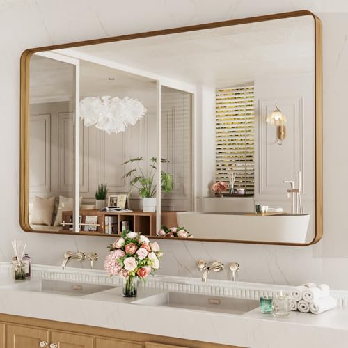 Large Rectangular Bathroom Mirror with Wood Grain Metal Frame