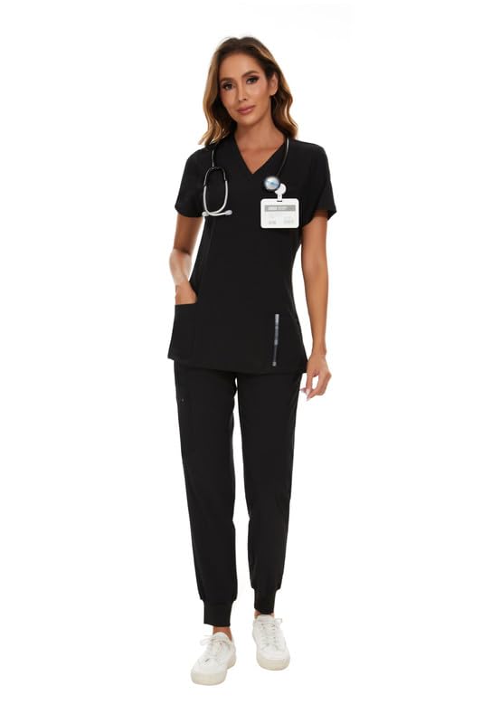 COZYFIT Scrubs for Women Set - Stretch V-Neck Scrub Top ⁘ Jogger Pant with 8 Pockets.