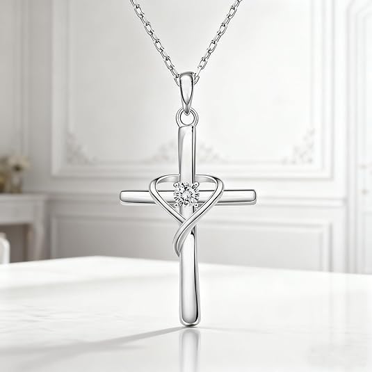 Women's Sterling Silver Cross Heart Necklace with Cubic Zirconia Pendant