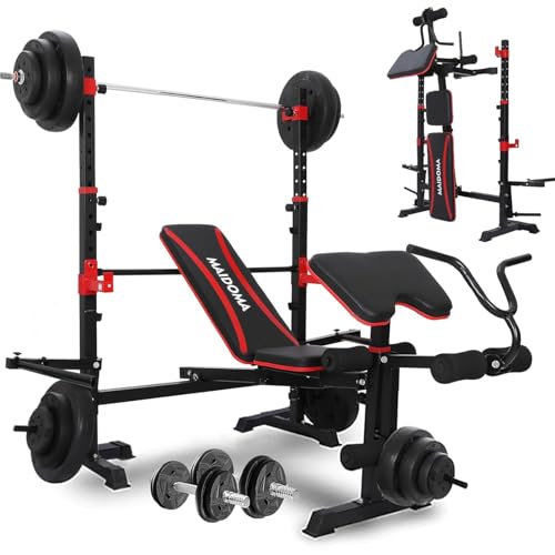 Heavy-duty multi-functional foldable Olympic weight bench with varied leg functions.