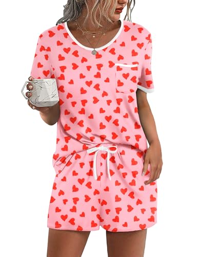 Ekouaer Pajama Set for Women 2 Piece Lounge Set Short Sleeve Tops and Shorts Soft Sleepwear, Chest...