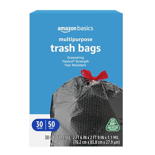 Amazon Basics Eco-Friendly 30 Gallon Trash Bags, 20% Recycled Content.