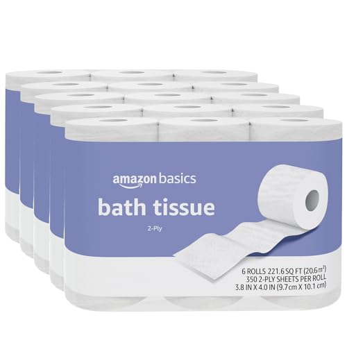 Amazon Basics 2-Ply Toilet Paper, 30 Rolls = 120 Regular Rolls, 350 Sheets, (Pack of 30), ...