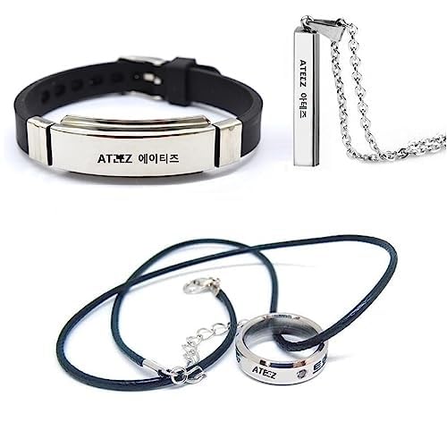 YiYiXiXi 3Pcs A-TEEZ Jewelry Gifts Set,A-TEEZ Merch Necklace Wristband Ring for Fans(Silver).