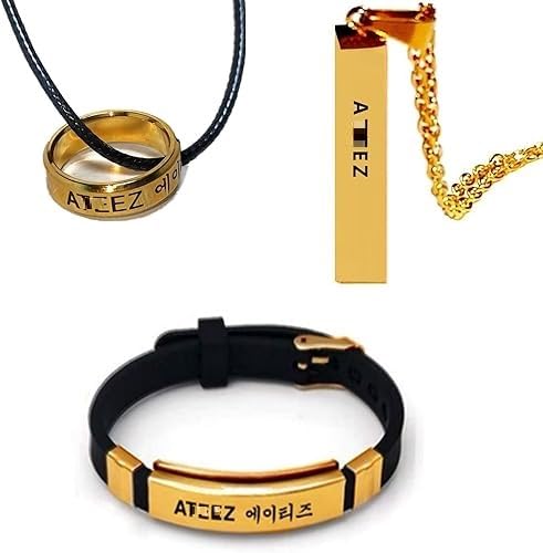 YiYiXiXi 3Pcs A-TEEZ Jewelry Gifts Set,A-TEEZ Merch Necklace Wristband Ring for Fans(Gold).