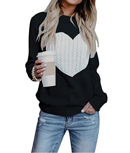 Cozy Long Sleeve Heart Knit Crew Neck Sweater for Women.