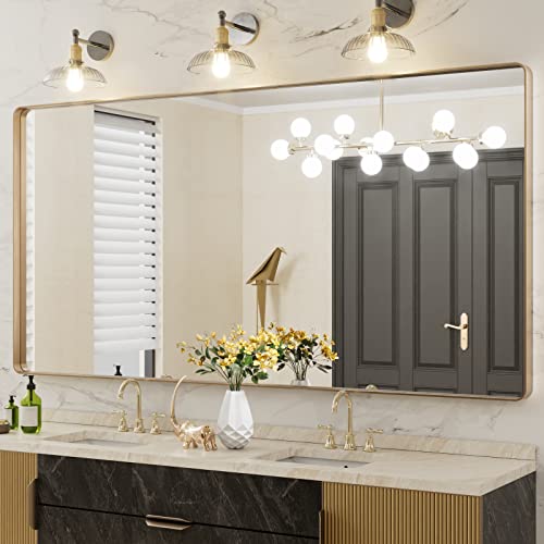 Large Gold Bathroom Mirror with Rounded Rectangle Frame and Brushed Finish.