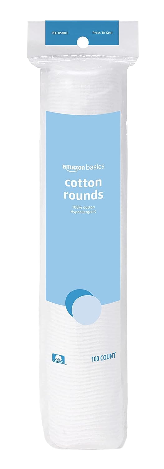 Amazon Basics Hypoallergenic 100% Cotton Rounds, 100 Count.
