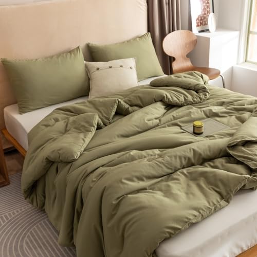 Olive Green Boho-Style Queen Comforter Set with Two Pillowcases