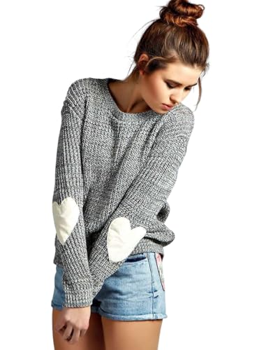 Adorable Women's Knit Crew Neck Pullover Sweater with Heart Designs.