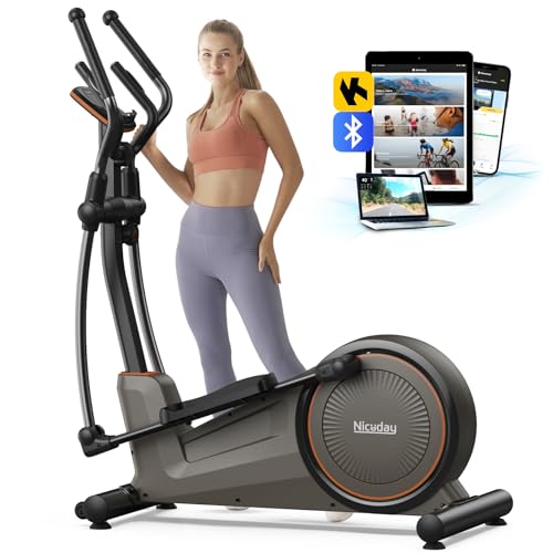 Mid-range home elliptical machine with quiet magnetic drive system available.