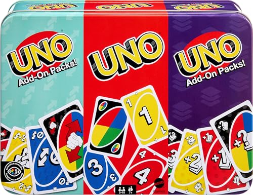 Mattel Games UNO Card Game with 2 Add On Packs - Collectible Tin for Family Game Night