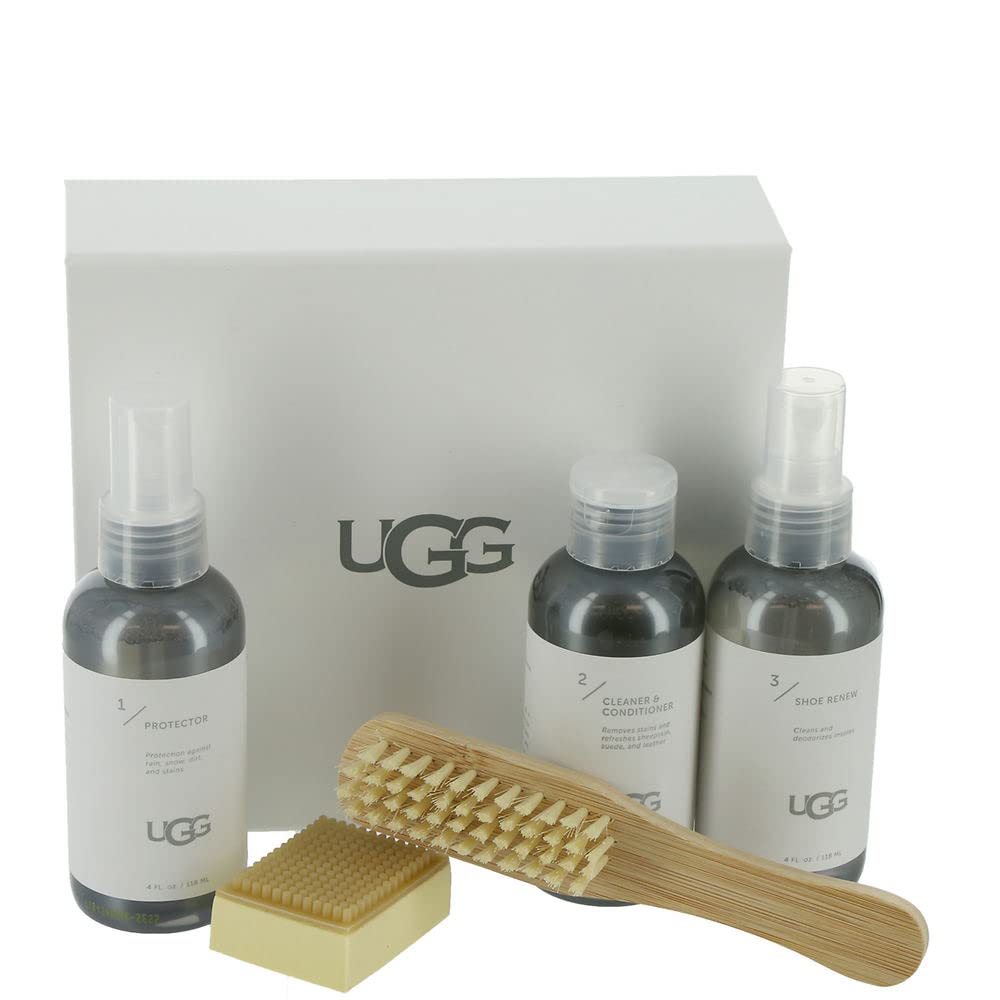 Natural shearling UGG care kit for one-size boot fit listeners.