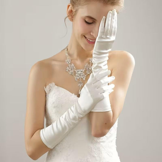 Satin Solid Long Gloves, Mid-length Elegant Wedding Bridal Dress Gloves For Women, White.