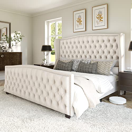 Tufted Velvet Platform Bed Frame with Wingback Headboard