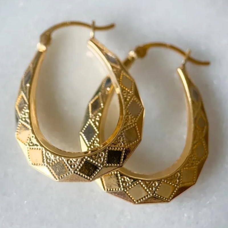 Vintage Oval Golden Hoop Earrings with Hand-Carved Patterns